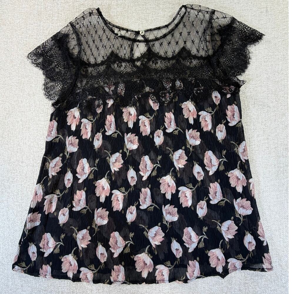 POL Women's Medium Black Floral Print Sheer Cap Sleeve Top Boho Lightweight Fit